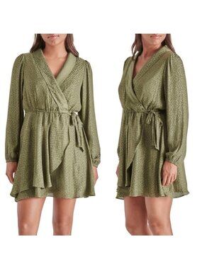 Steve Madden Green Faux-Wrap Mini Dress Long Sleeves Size S Chiffon Evening